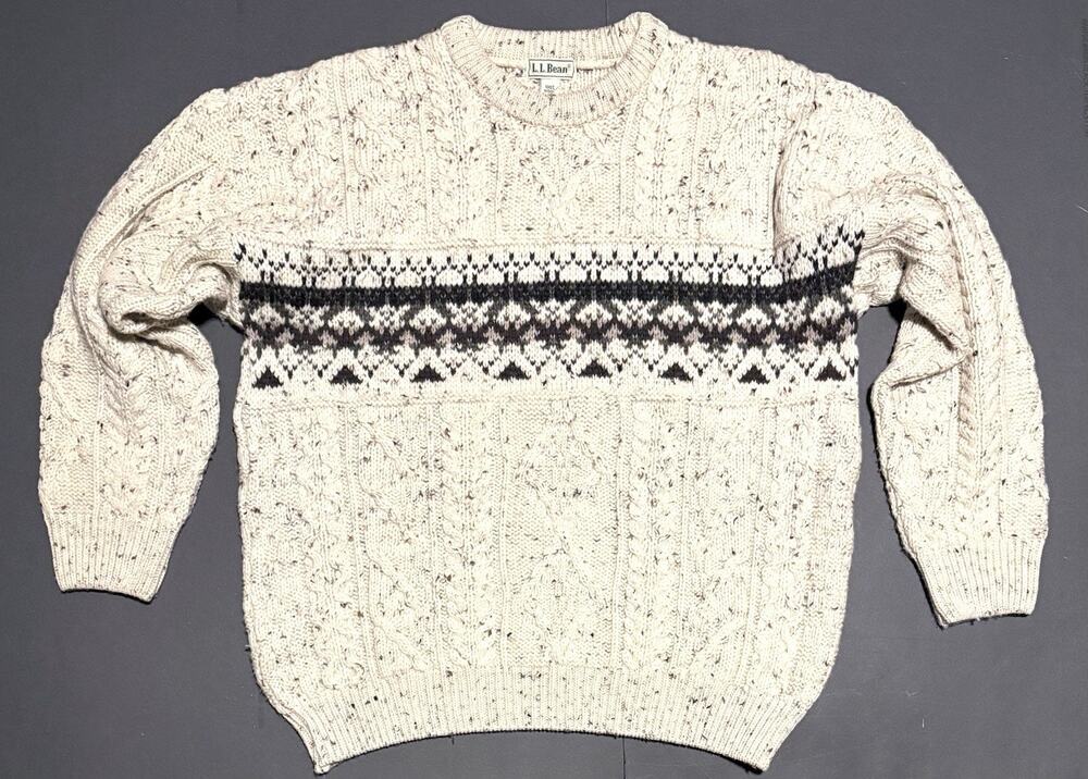 Vintage LL Bean Wool Fishermans Sweater Mens L Ivory Beige Cable Knit Ireland